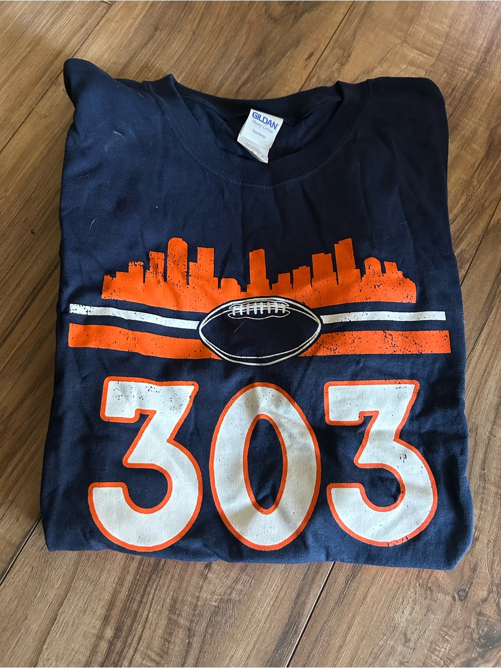 Gildan Navy Short-Sleeve Tee with Orange and White 303 Football Graphic